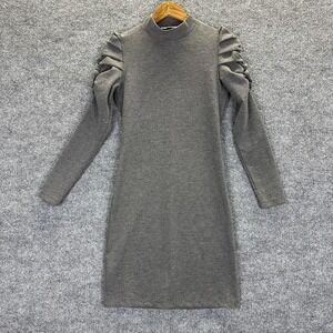 MNG Sweater Dress Womens XS Gray Mock Neck Puff Sleeve Knit Ribbed Short Casual